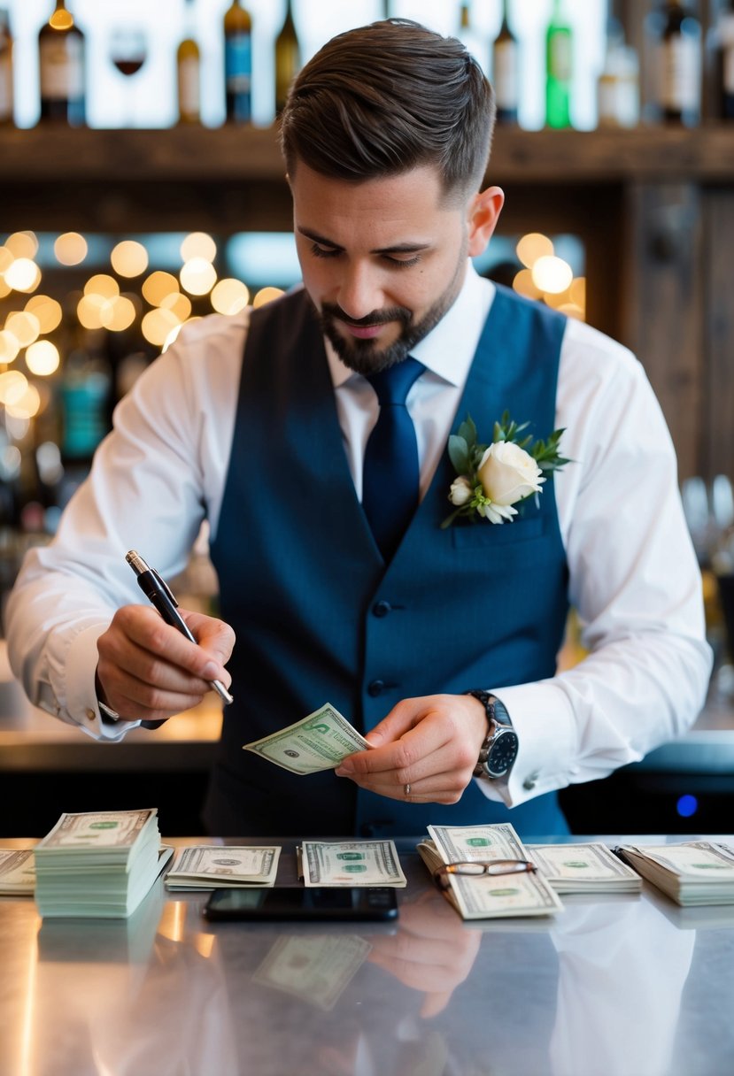 A bartender carefully counts cash and makes notes while planning a wedding bar setup