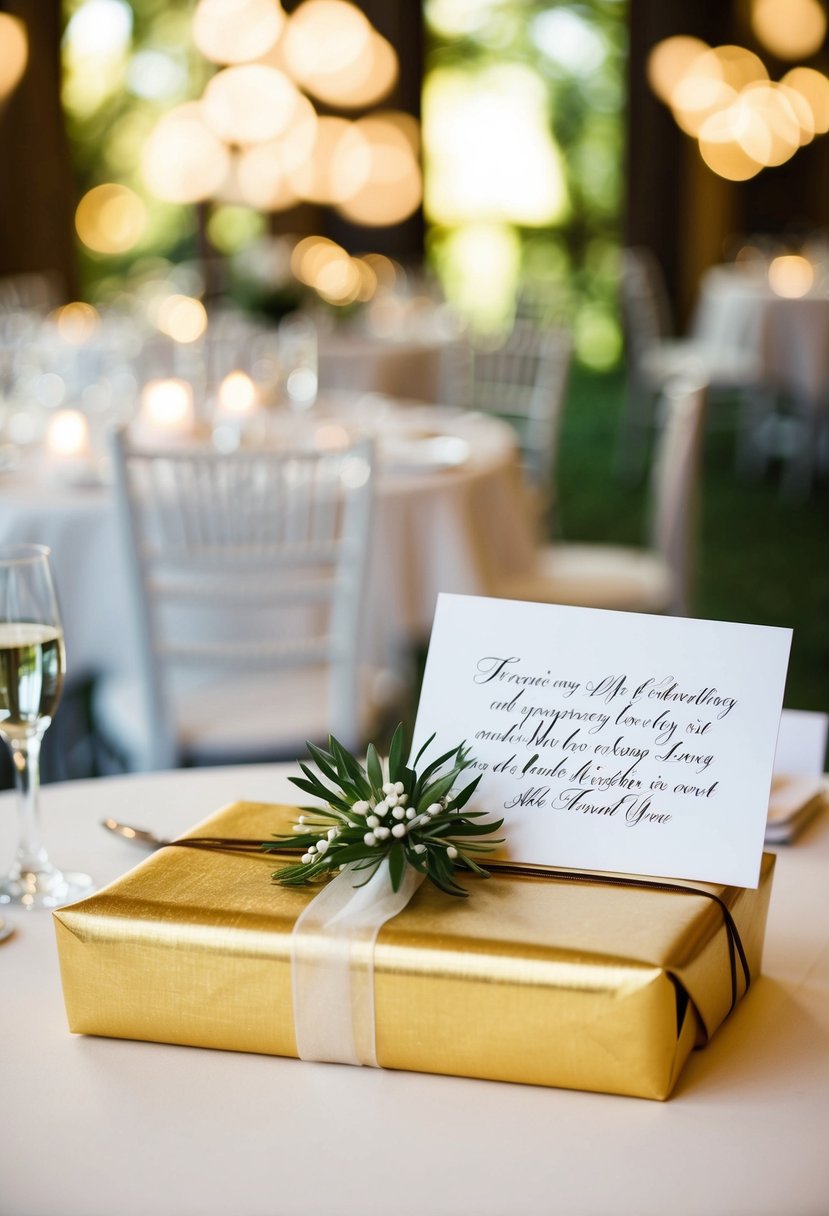 A beautifully wrapped gift and a heartfelt card placed on a table at a wedding reception