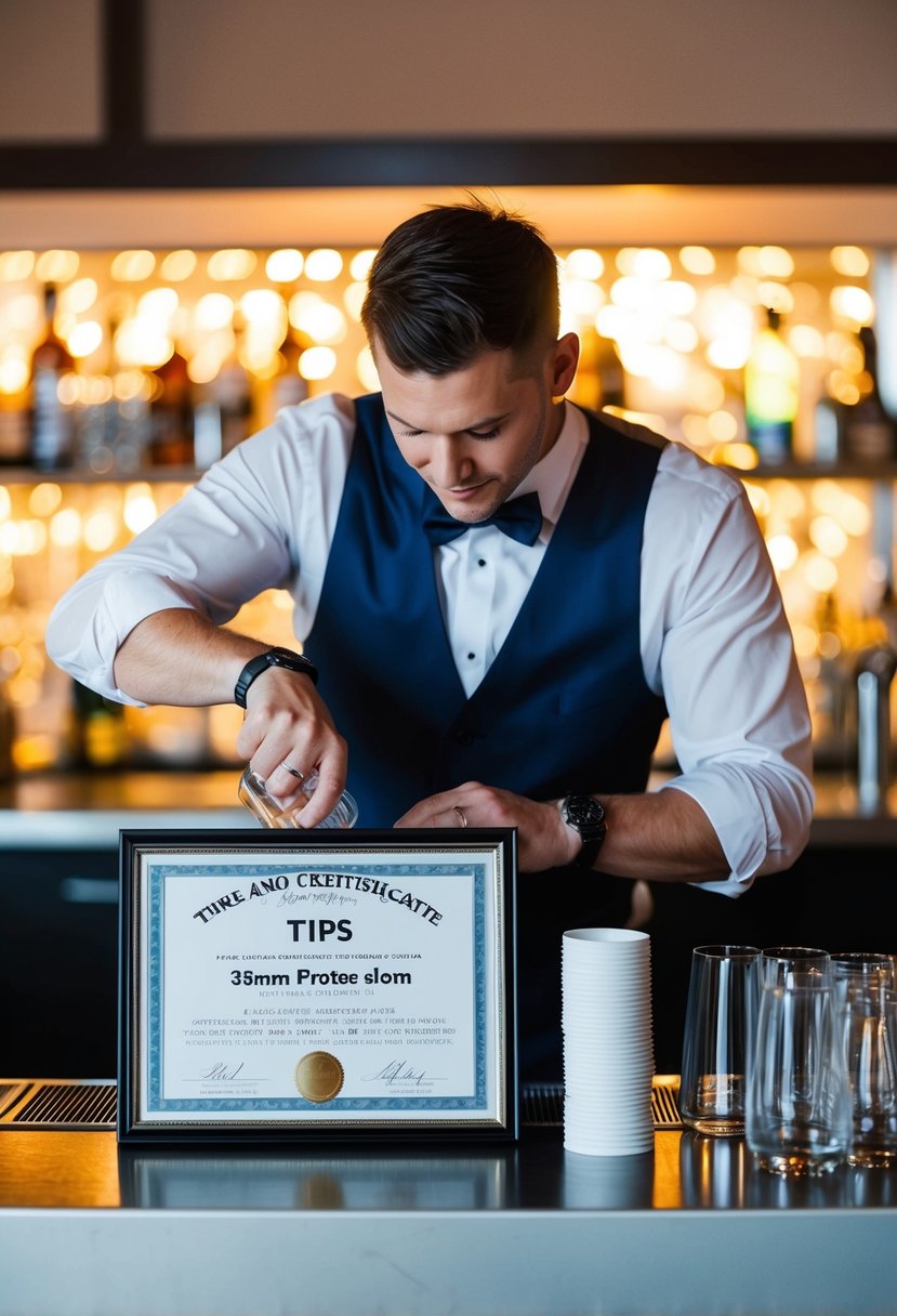 A bartender mixing drinks at a wedding reception, with a TIPS certification displayed prominently