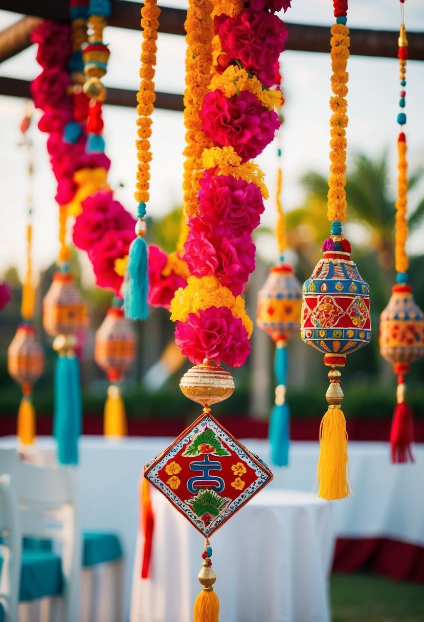 Colorful traditional decorations and cultural symbols at a destination wedding