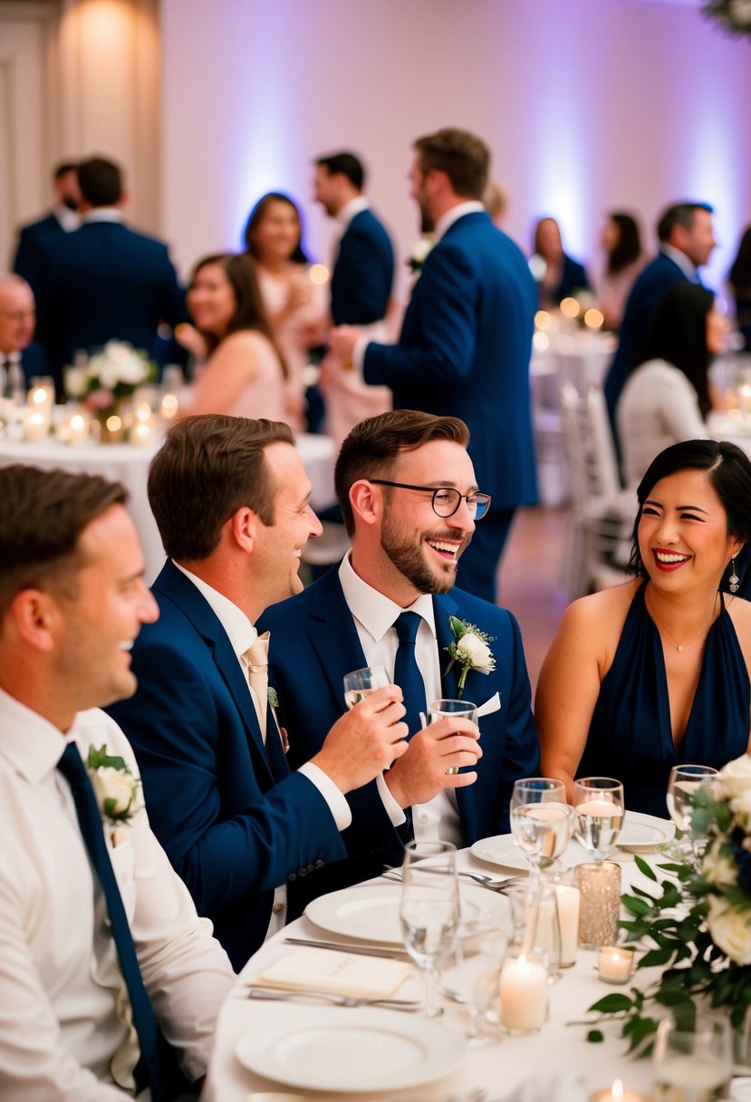 Guests mingling at a wedding reception, sharing tips and laughter at their table