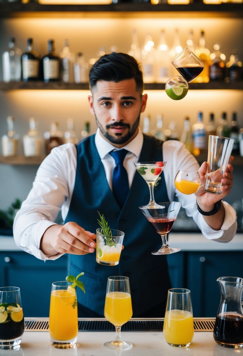 A bartender at a wedding, juggling various drink ingredients and glassware, with a look of focus and determination on their face