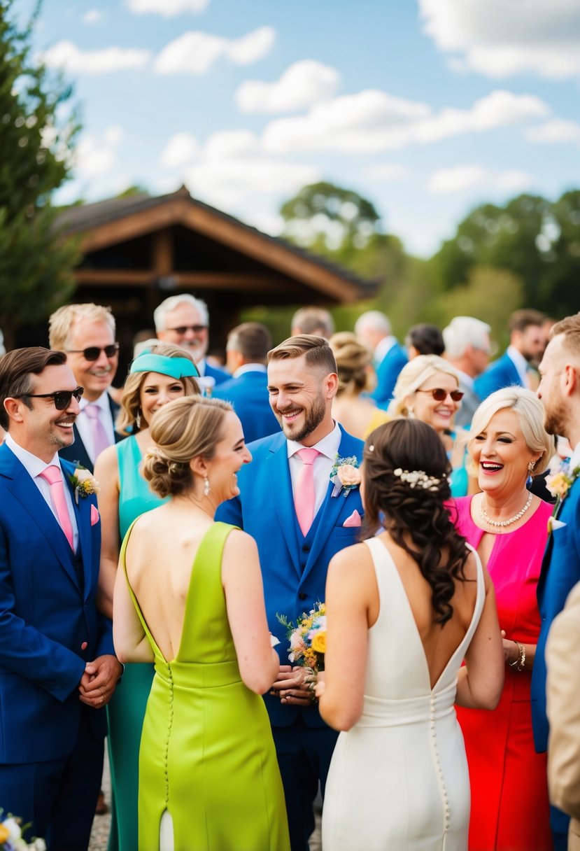 A group of wedding guests in colorful attire, chatting and laughing at an outdoor venue