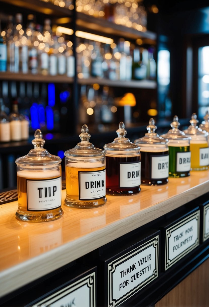 A neat row of tip jars on the bar, each labeled with a different drink and adorned with a small sign thanking guests for their generosity