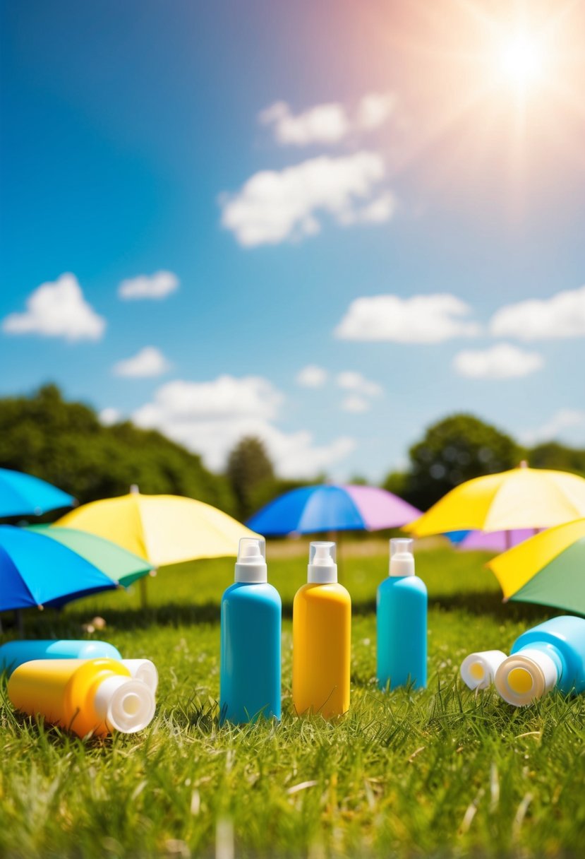 A group of colorful umbrellas and bottles of sunscreen scattered on a grassy field under a bright, sunny sky