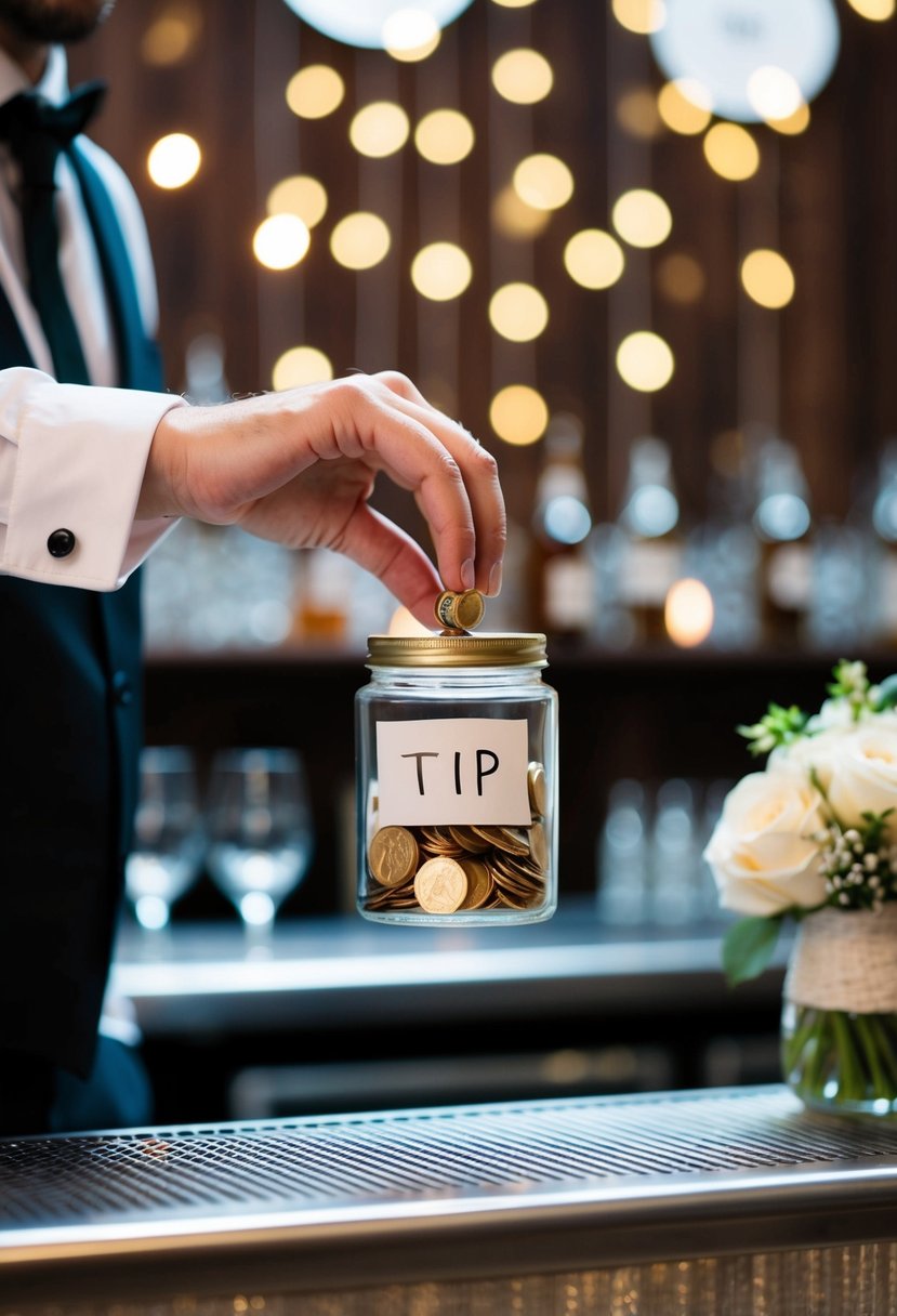 A bartender's hand holding a tip jar with wedding decor in the background