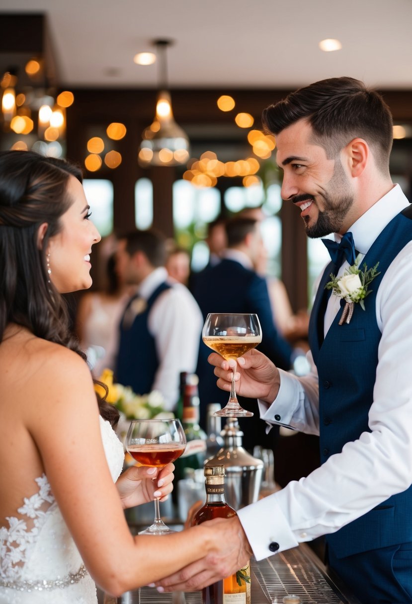 The bartender shares wedding bartending tips with a couple at the bar