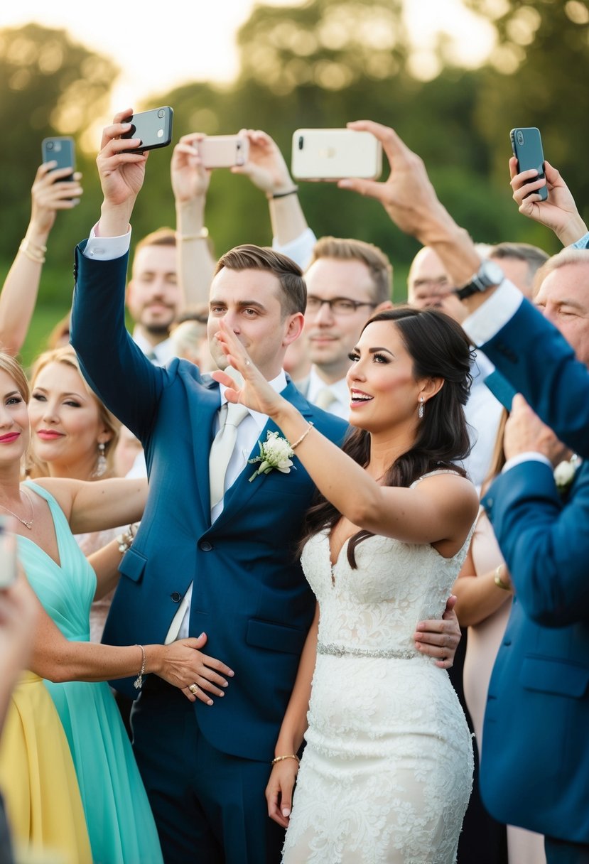 Guests holding up phones and cameras, but the couple gestures for them to stop. The focus is on the couple's reaction, with guests in the background