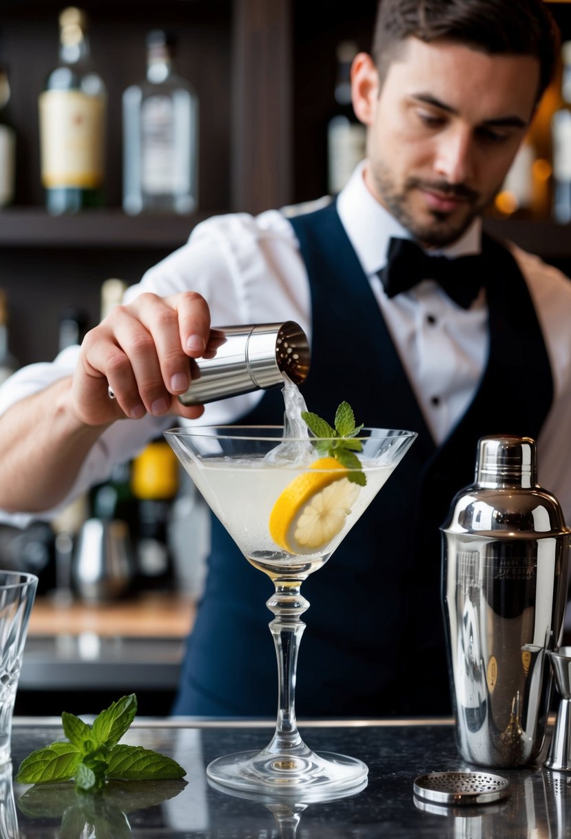 A bartender carefully mixes ingredients in a crystal glass, garnishing with a twist of lemon and a sprig of mint. A sleek cocktail shaker and elegant bar setup complete the scene