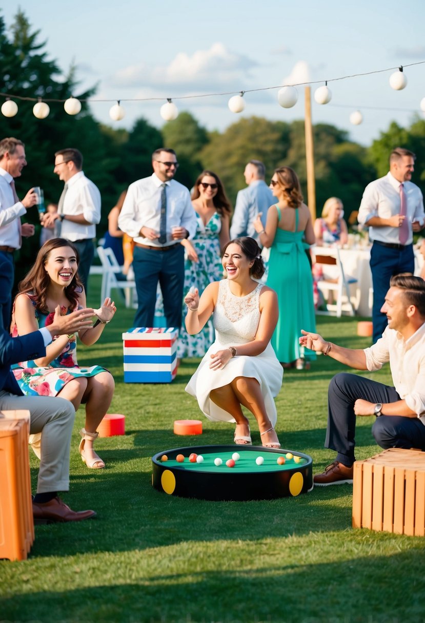 Guests playing lawn games and mingling at a wedding reception. Laughter and conversation fill the air as people participate in various activities