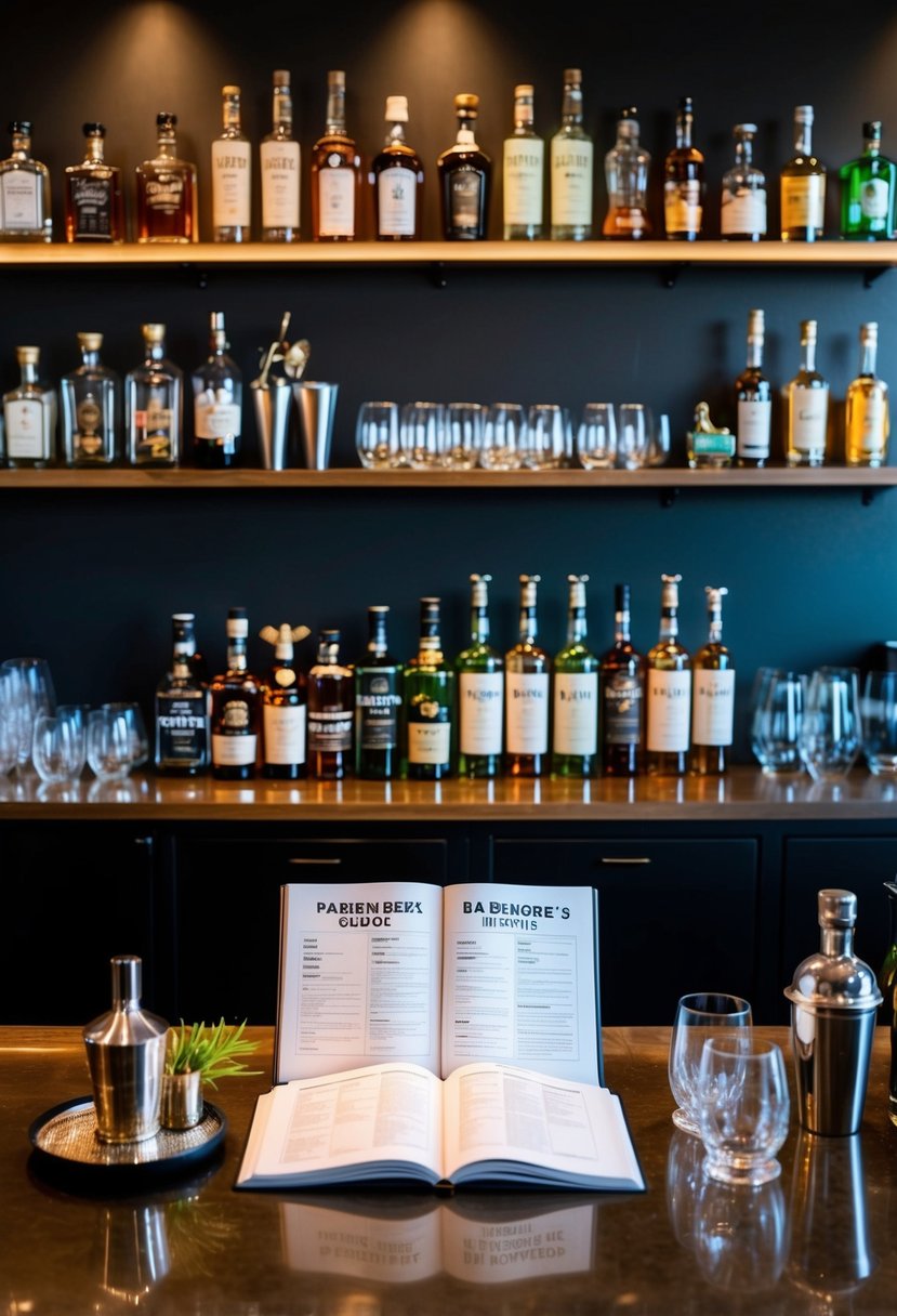 A well-stocked bar with a range of spirits, mixers, and garnishes. Shelves lined with bottles and glassware. A bartender's guidebook open on the counter