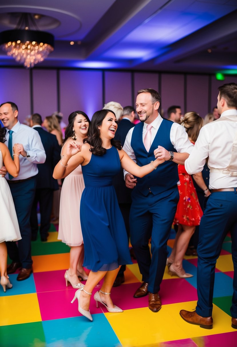 Guests mingling, laughing, and dancing on a colorful, lively dance floor at a wedding reception