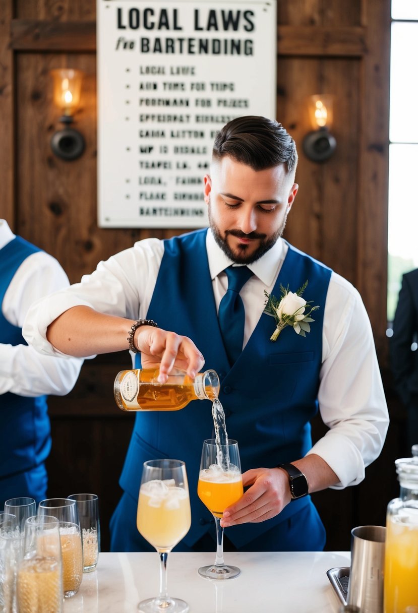 A bartender pouring drinks at a wedding, with a sign displaying local laws and tips for bartending in the background