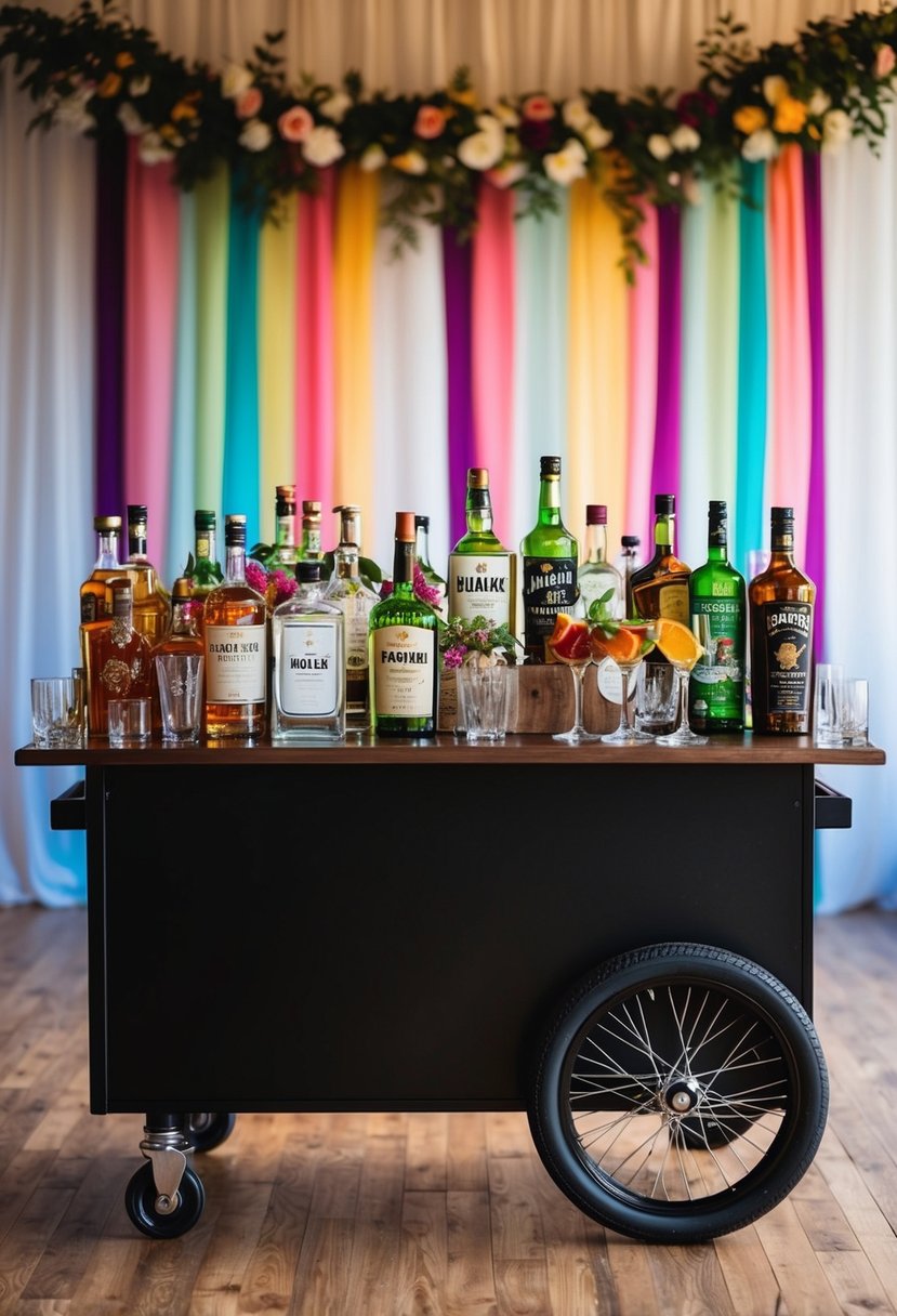 A mobile bar with a variety of liquor bottles, glassware, and garnishes neatly arranged on a wooden table, with a colorful backdrop of wedding decorations