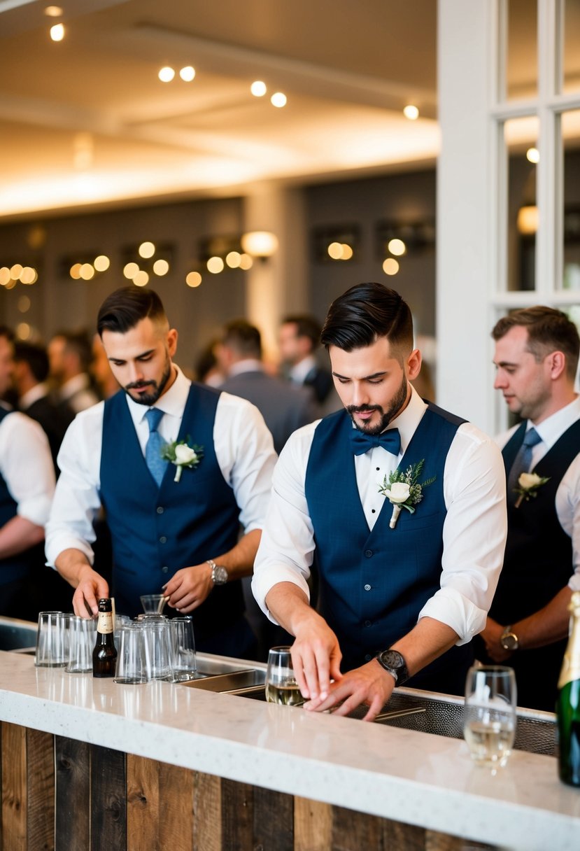 Bartenders at a wedding, preparing for crowd surges, with extra staff on hand for support