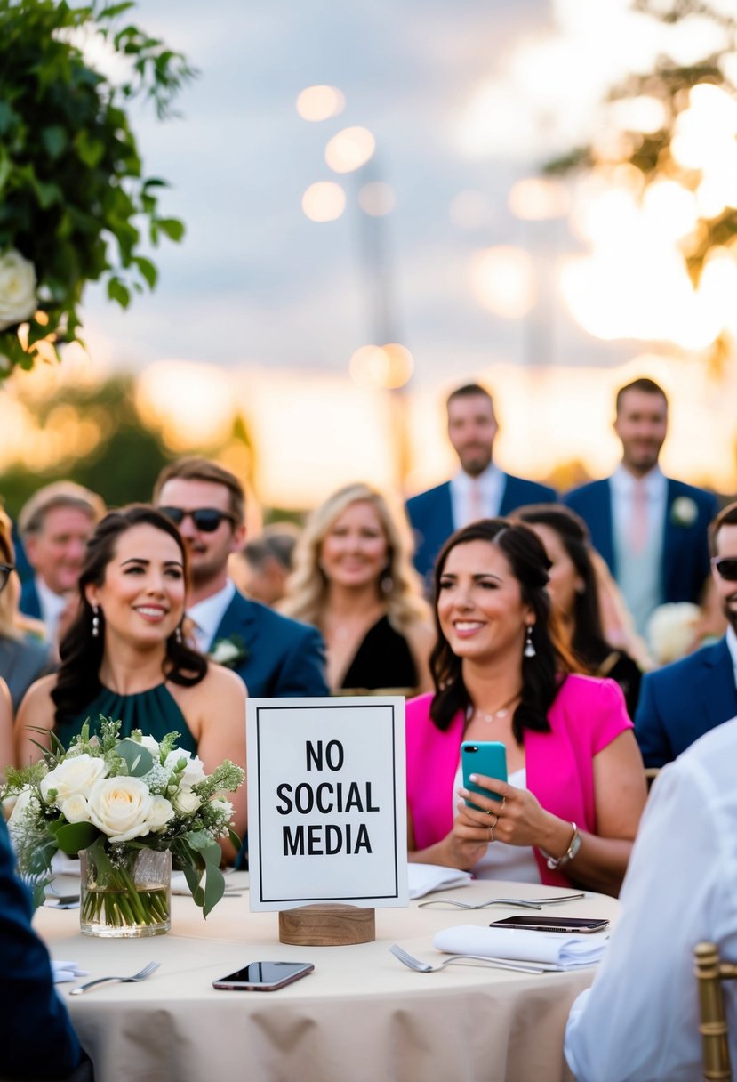 Guests enjoying the ceremony, phones set aside with a "no social media" sign in the background