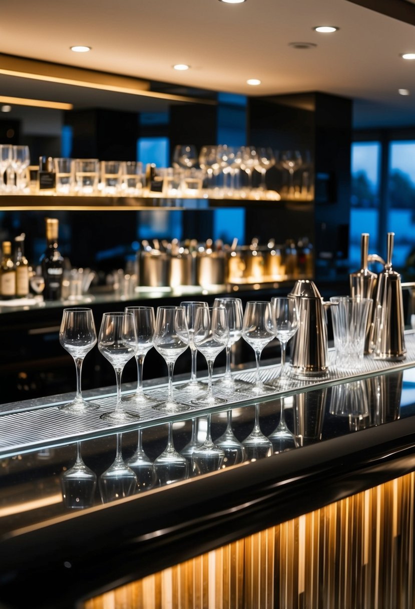 A well-stocked bar with various glassware and bartending equipment neatly arranged on a sleek, polished counter