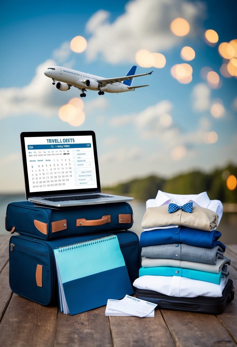 Guests booking flights, hotels, and transportation online. Luggage and wedding attire laid out for packing. Calendar with travel dates highlighted