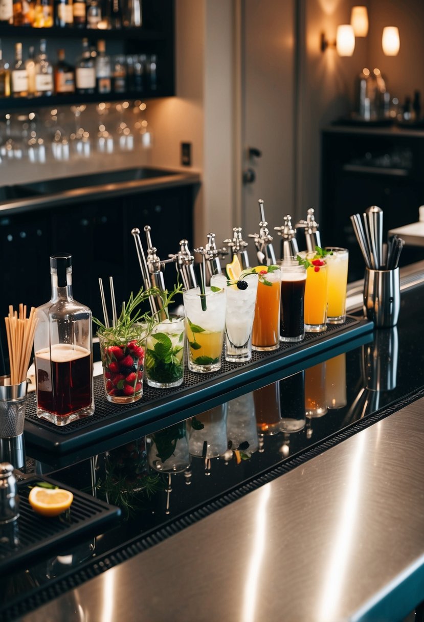 A bartender's station with various mixers, garnishes, and bar tools neatly arranged on a sleek, polished countertop