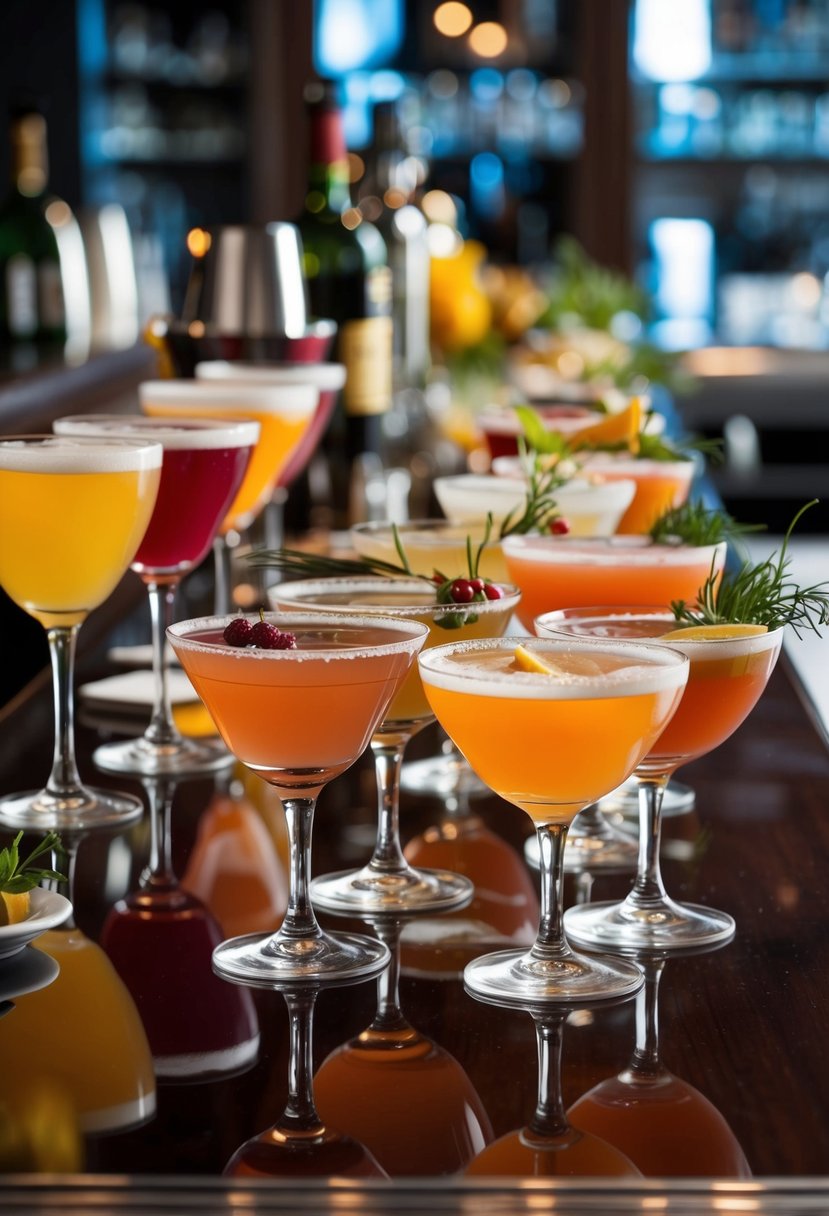 A variety of cocktails lined up on a polished wooden bar, with elegant glassware and garnishes arranged neatly beside them