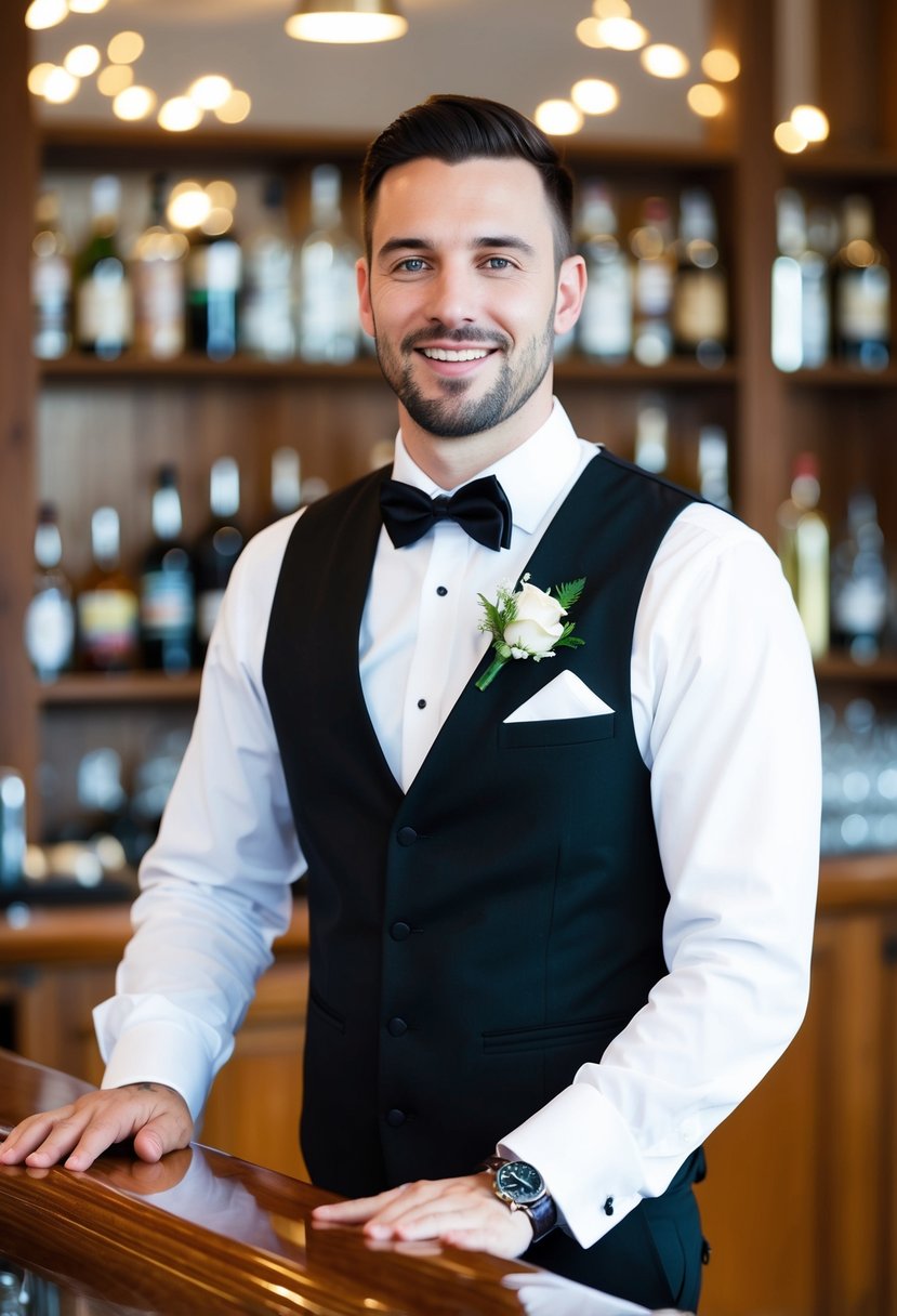 A bartender wearing a crisp white shirt, black vest, and bow tie stands behind a polished wooden bar, ready to serve drinks at a wedding