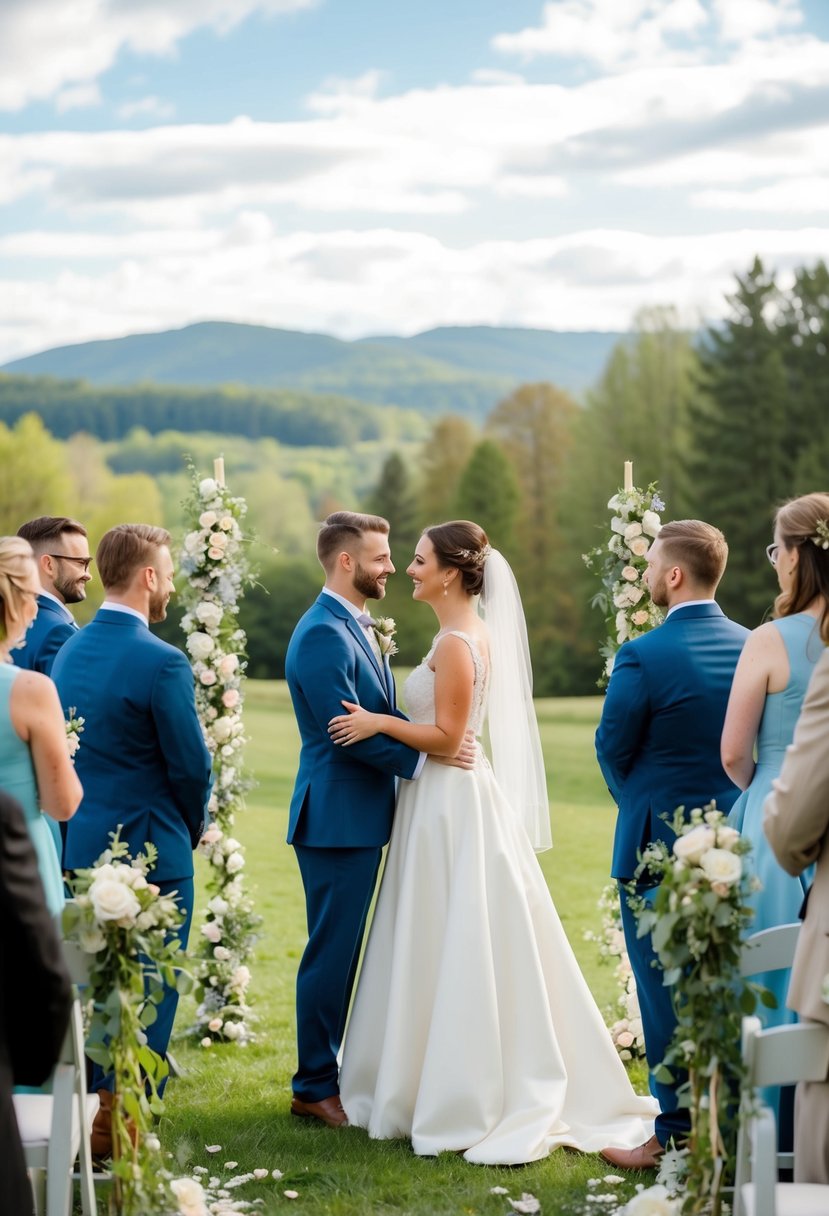 A bride and groom cutting costs by DIY decorations and opting for a small, intimate ceremony in a picturesque outdoor setting