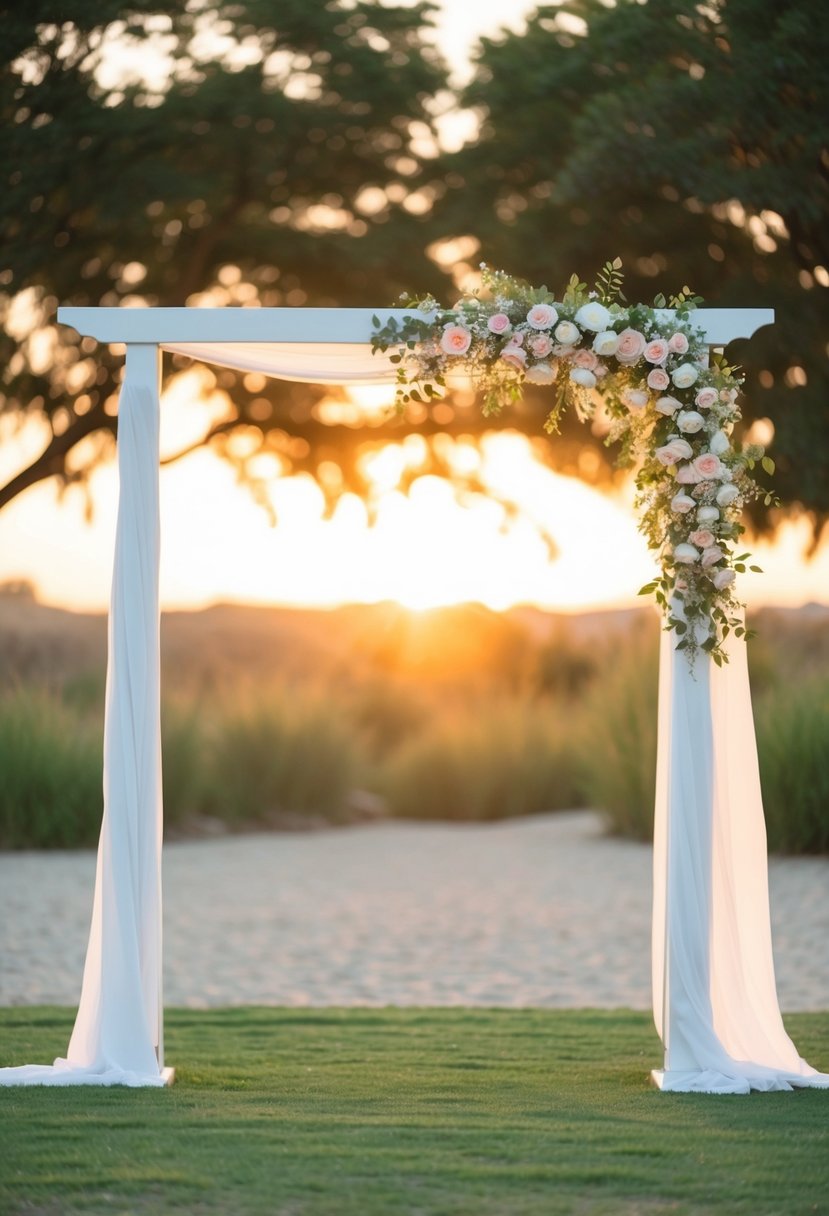 A serene outdoor setting with a simple, elegant wedding arch adorned with flowers. The sun is setting, casting a warm glow over the scene