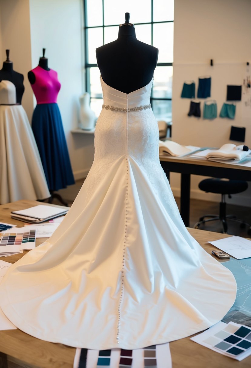 A plus-size wedding dress draped over a mannequin, surrounded by swatches of fabric and sketches on a designer's work table