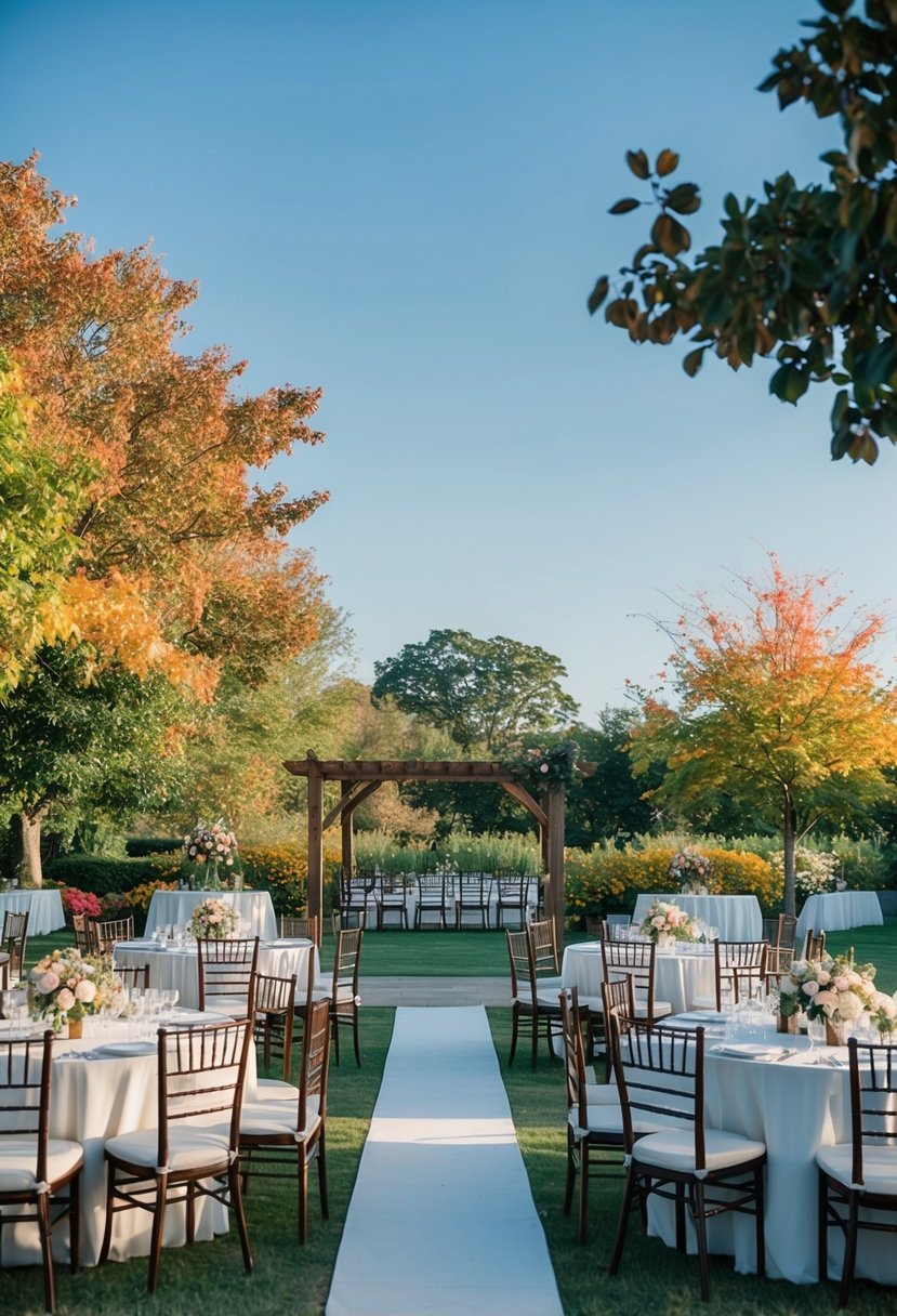 A serene outdoor wedding venue with colorful foliage and a clear blue sky, with empty chairs and tables set up for a reception