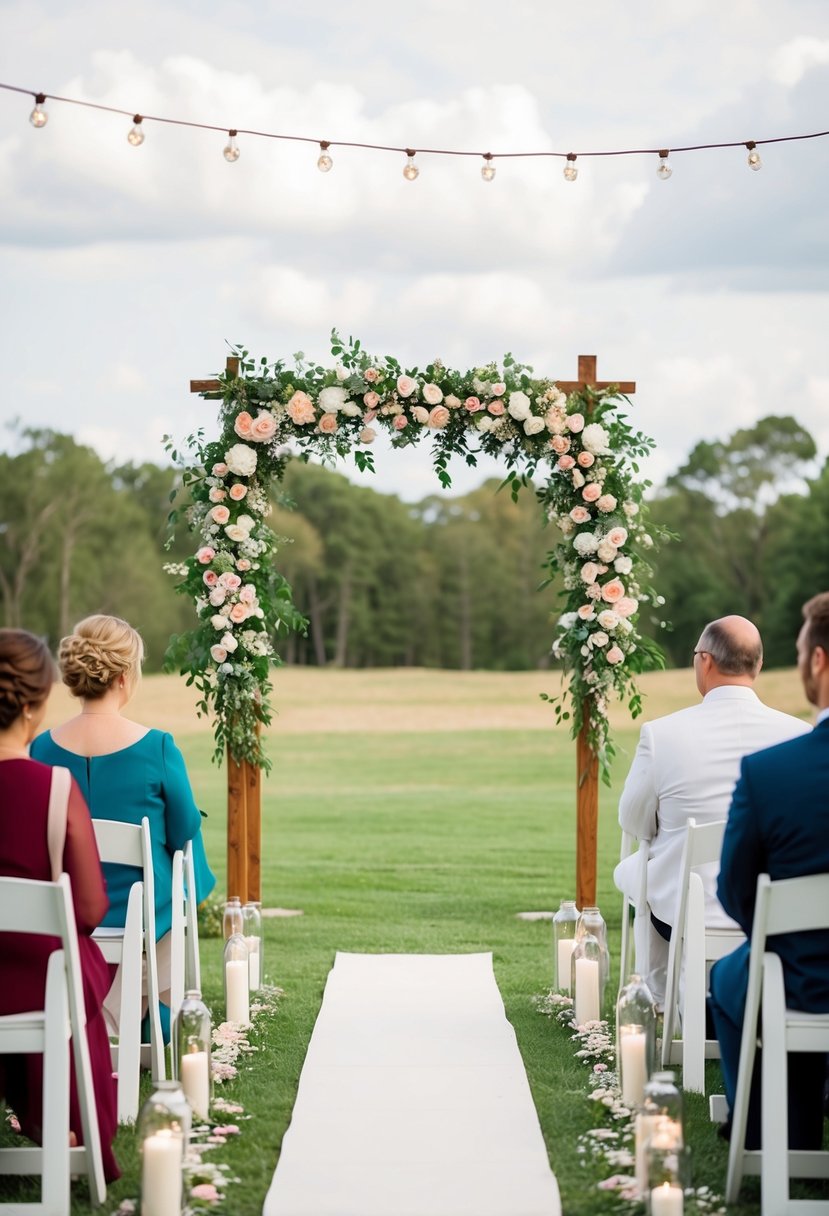 A charming outdoor wedding ceremony with simple decorations and a budget-friendly floral arch