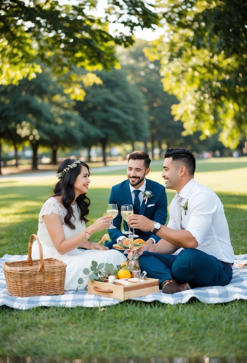 A park with couples picnicking, using DIY decorations, and simple, elegant attire for a budget-friendly wedding