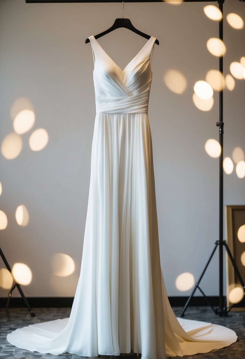 An A-line wedding dress hanging on a mannequin, with a long, flowing skirt and a cinched waist, creating an elongating effect