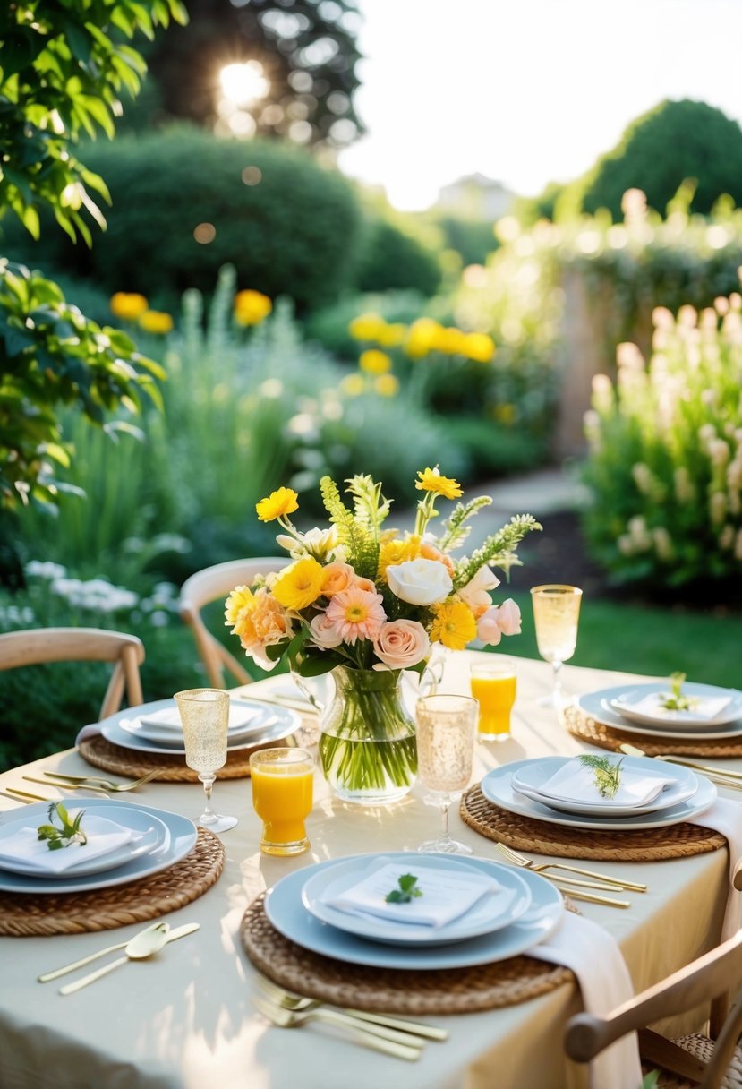 A sunlit garden with a table set for brunch, adorned with fresh flowers and simple yet elegant decor