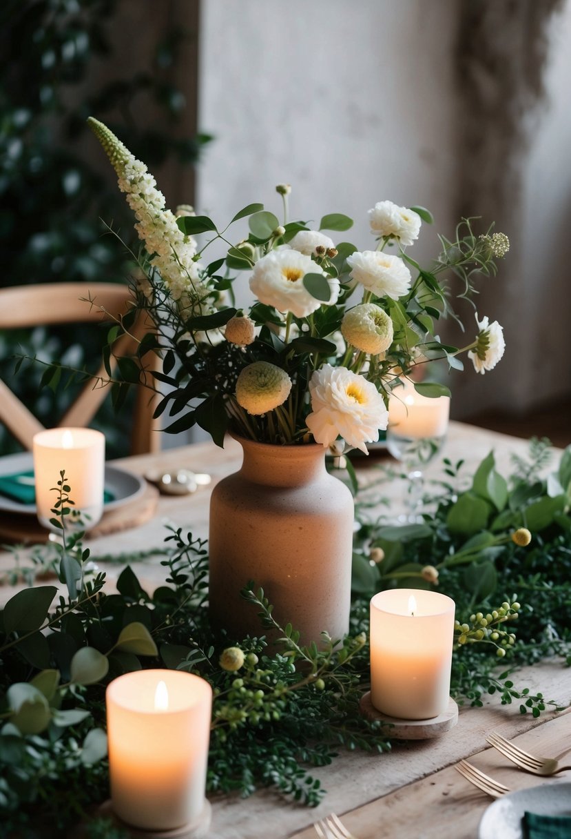 A rustic table with a simple vase filled with in-season flowers, surrounded by greenery and soft candlelight