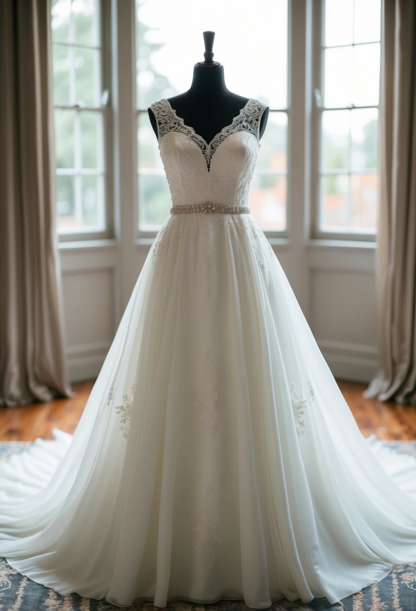 A flowing, empire waist wedding dress with delicate lace and beading, creating an elegant and timeless look