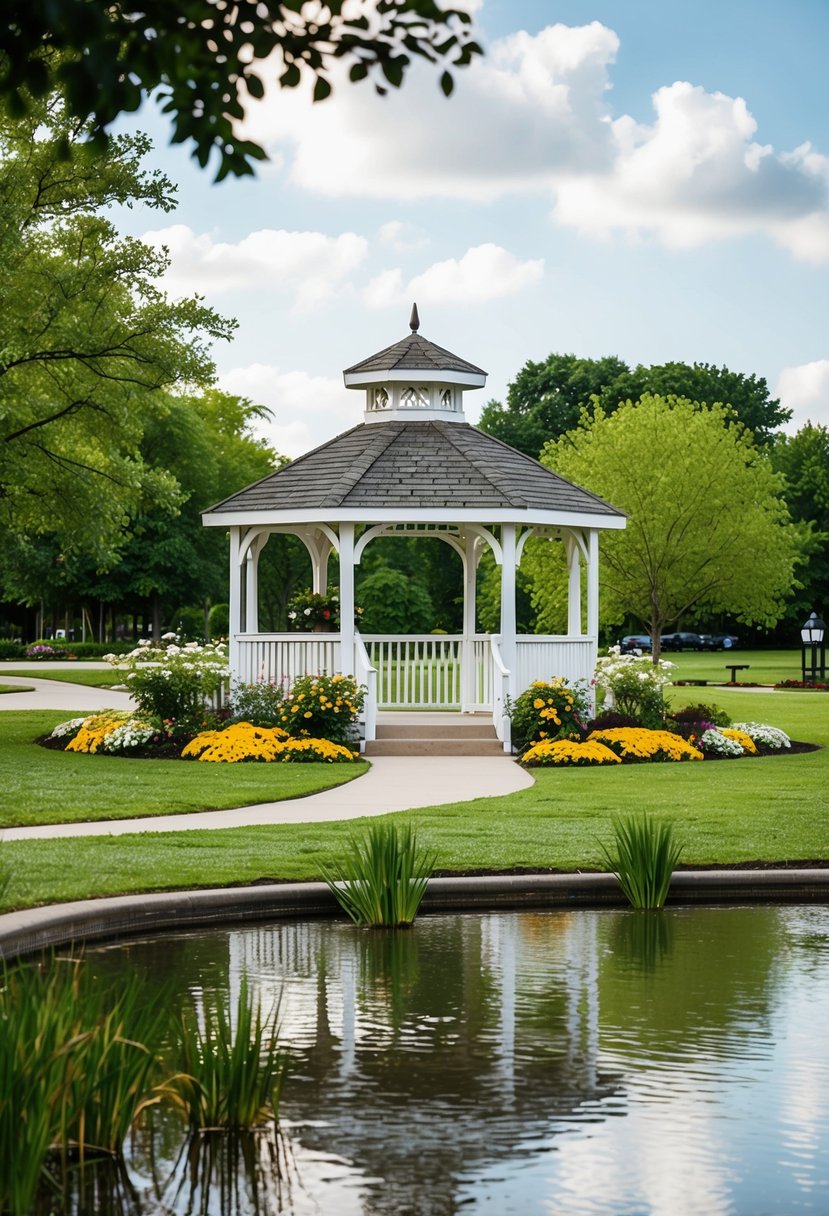 A picturesque community park with a gazebo and blooming flowers, surrounded by lush greenery and a tranquil pond, set up for a charming outdoor wedding ceremony