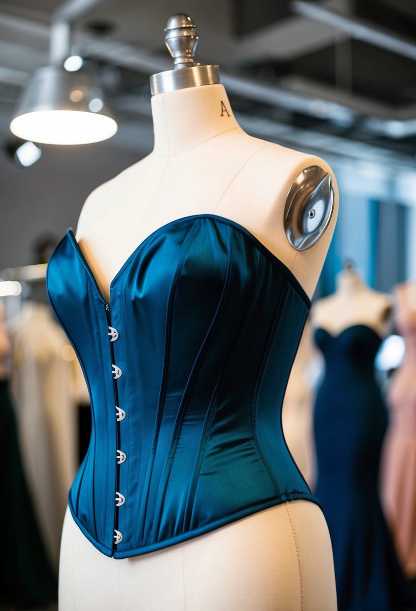 A plus-size corset-style gown draped over a mannequin, emphasizing defined curves