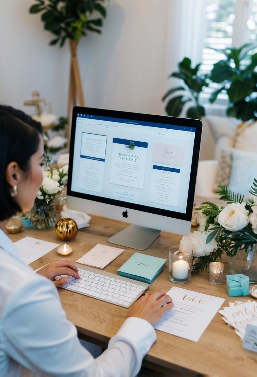 A person using a computer to browse through various online invitation templates, surrounded by wedding decor and budget-friendly supplies