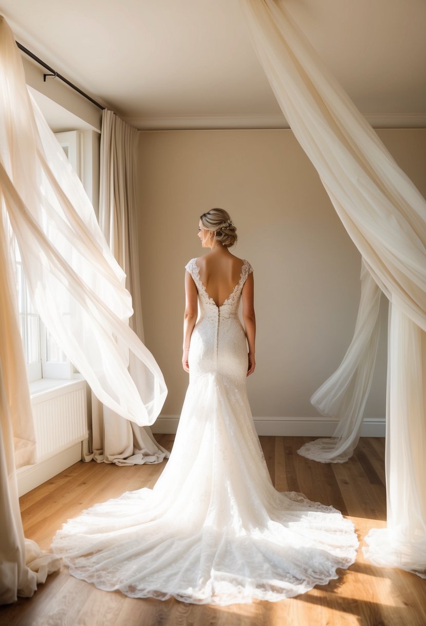 A bride standing in a sunlit room, surrounded by flowing, light fabrics in various shades of white and ivory, with a soft, ethereal glow