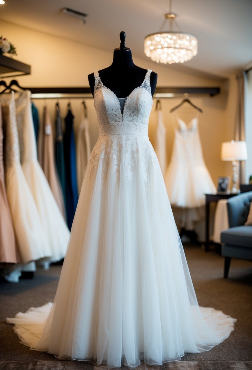 A wedding dress being borrowed or rented, displayed on a mannequin in a cozy and affordable bridal boutique