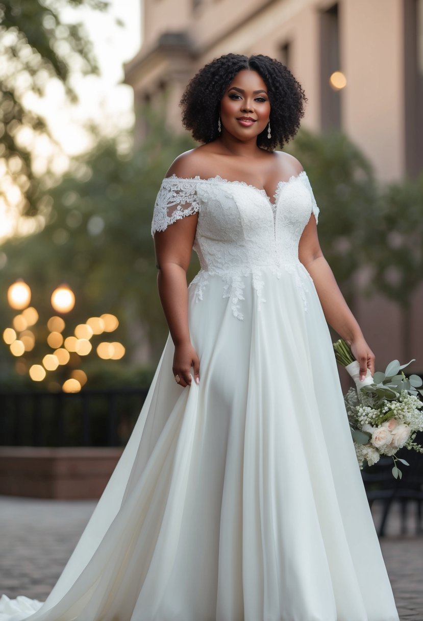 A plus-size wedding dress with an off-the-shoulder neckline, flowing fabric, and delicate lace details