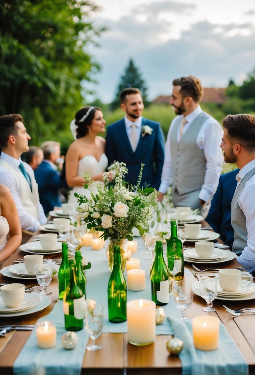 A table scattered with borrowed and rented wedding decorations, including vases, candles, and linens. A couple discusses their money-saving choices