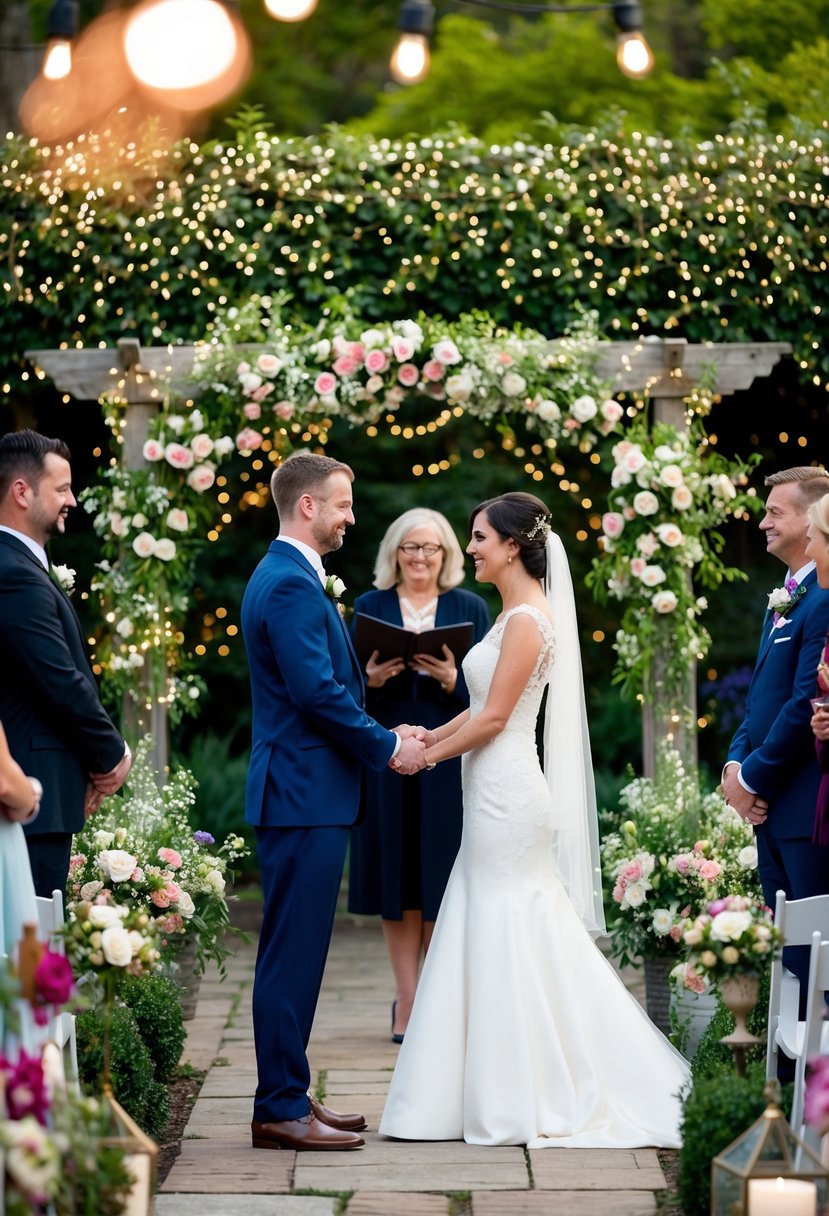 A bride and groom exchange vows in a charming garden setting, surrounded by blooming flowers and twinkling lights. The venue offers weekday discounts, making their dream wedding affordable