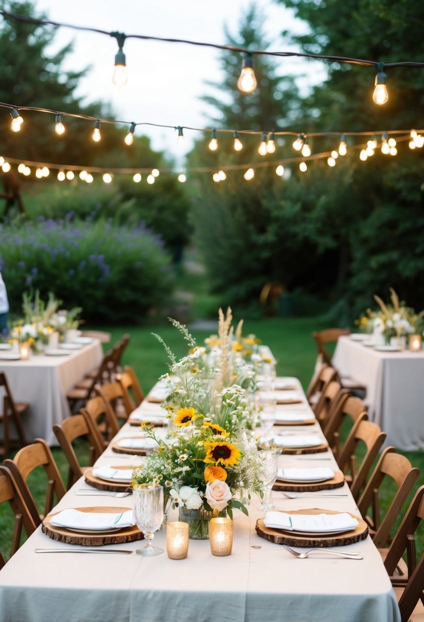 A cozy backyard wedding with a small guest list, simple decor, and DIY centerpieces. Tables adorned with wildflowers and twinkling string lights overhead