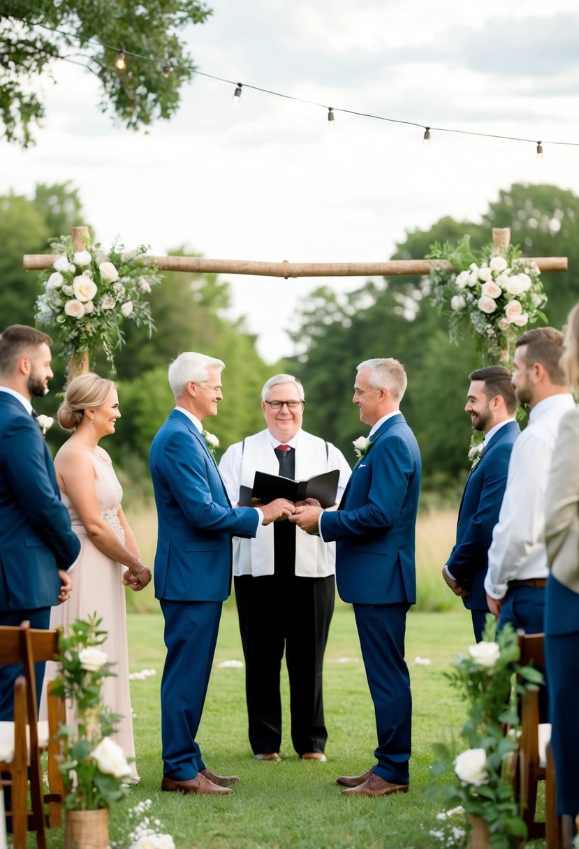 A family member stands at the center of a simple outdoor wedding ceremony, officiating as the couple exchange vows. A small crowd of loved ones looks on, surrounded by budget-friendly decorations