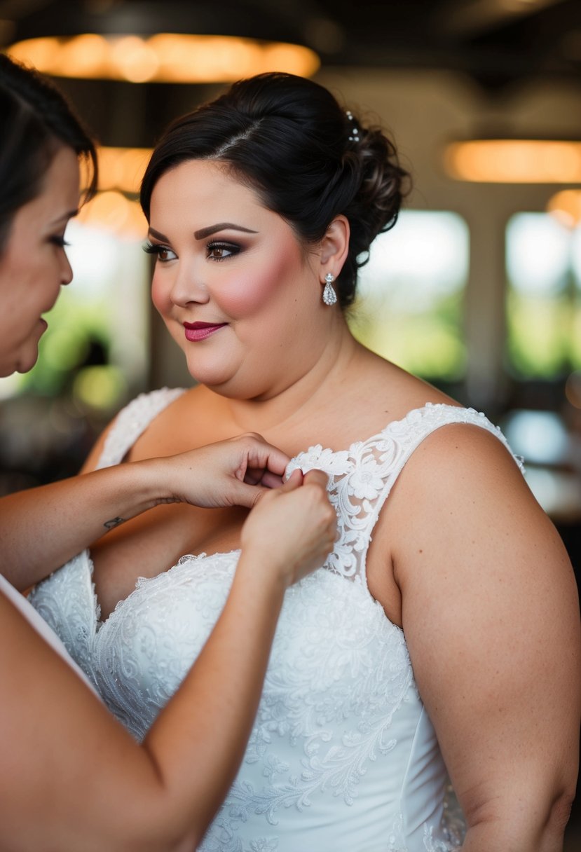 A plus-size wedding dress being adjusted at the neckline for a secure fit