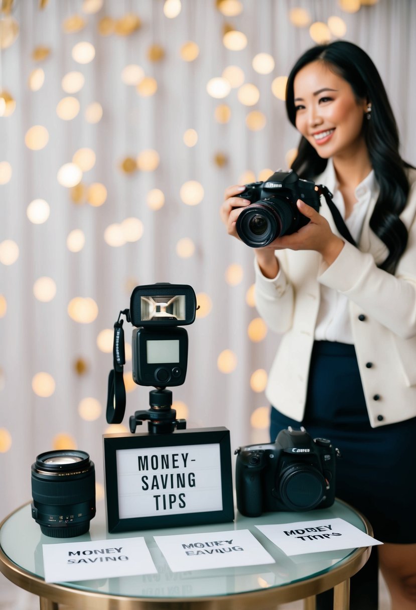 A photographer with a wedding backdrop, camera, and money-saving tips displayed on a table