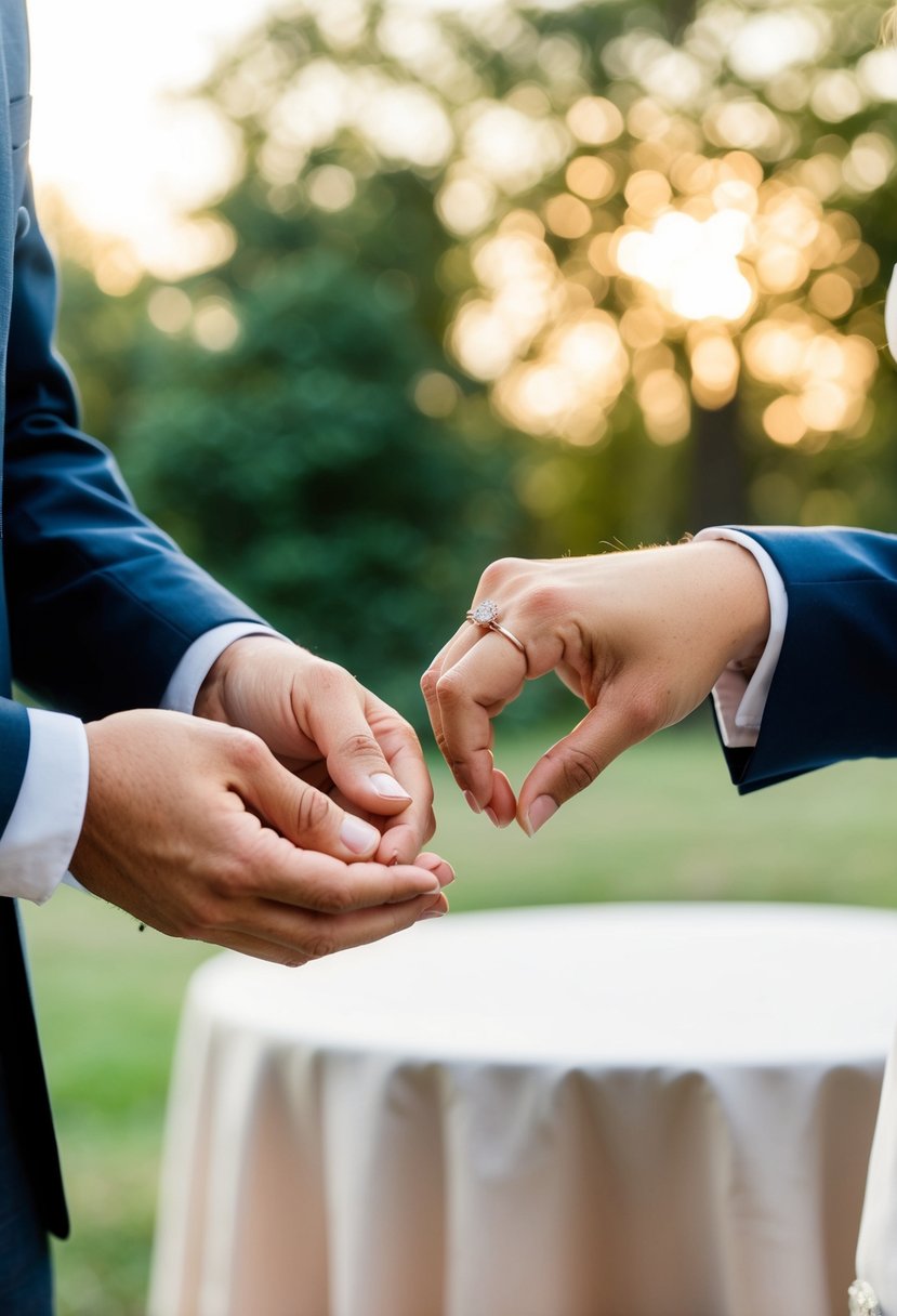 A student photographer capturing a couple's hands exchanging wedding rings with a simple outdoor backdrop and natural lighting