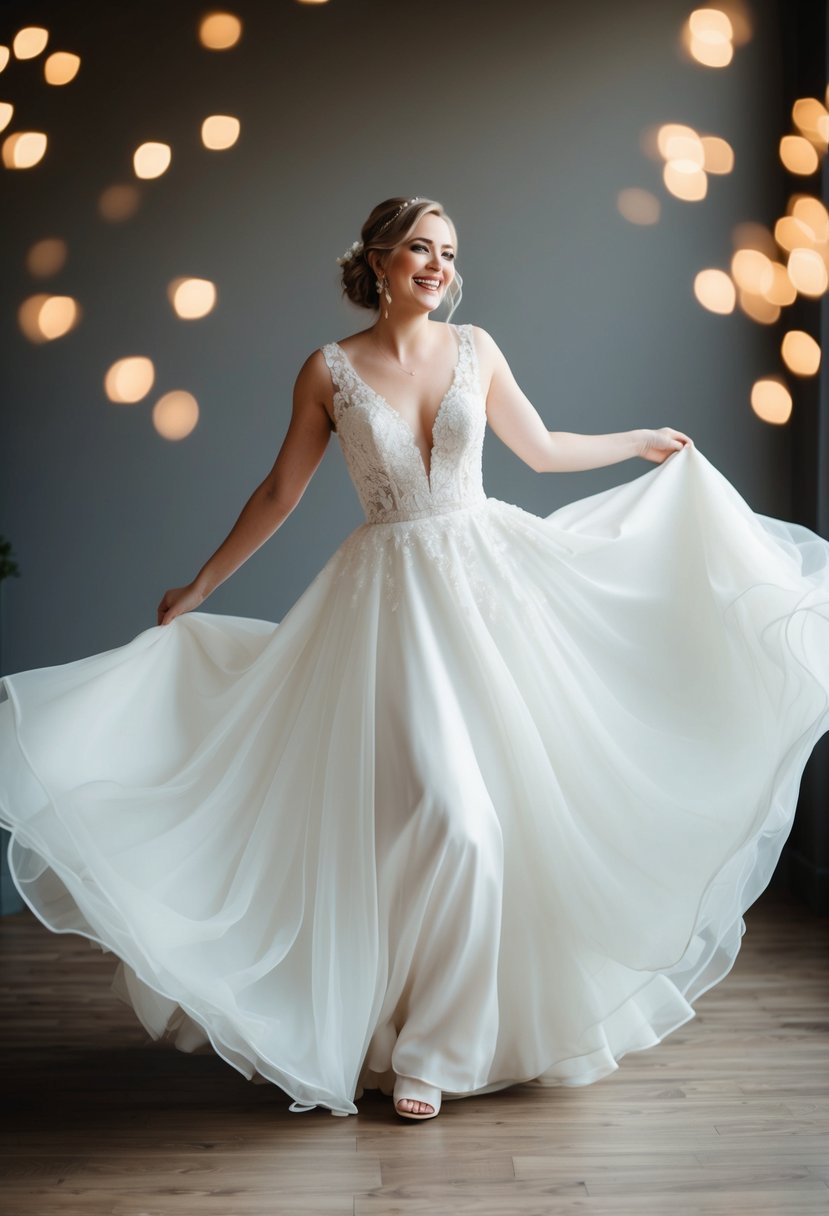 A bride joyfully twirls in a flowing, elegant wedding dress, emphasizing the perfect fit over the size label