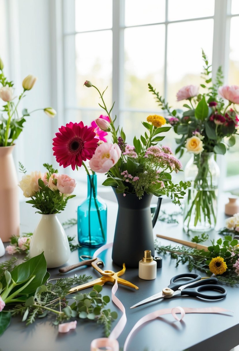 A table with various flowers, vases, and tools. A pair of scissors, ribbons, and greenery scattered around. Bright natural light streaming in